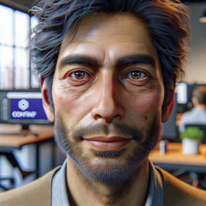 A digitally rendered image of a man with a rugged, detailed face, scruffy facial hair, and a slightly tousled hairstyle. The background shows an office setting with blurred figures and computer screens.