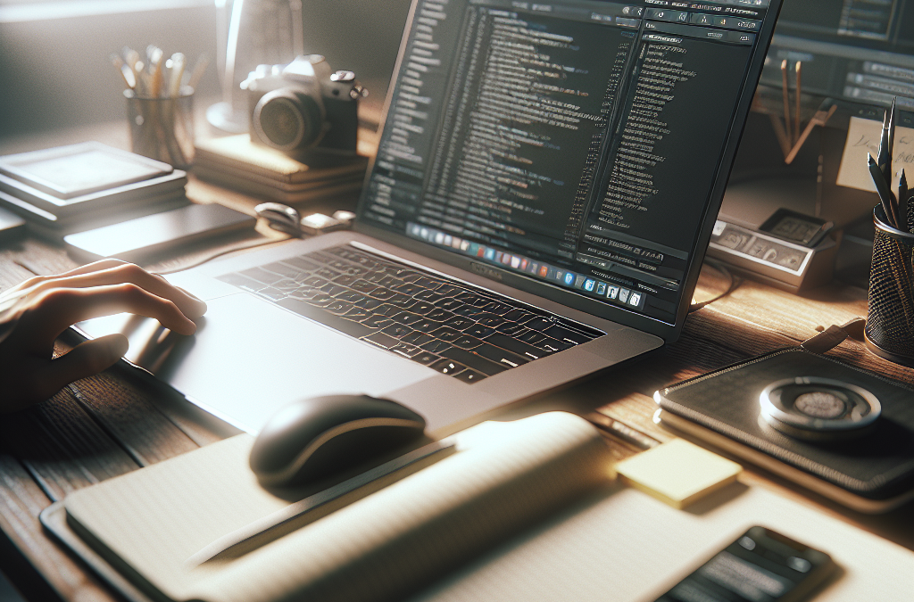 A workspace with a laptop displaying code, a smartphone, open notebook, and various office supplies on a wooden desk.