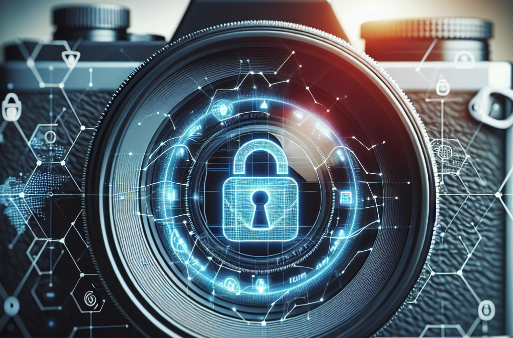 A camera lens with a digital padlock symbol, representing data security, surrounded by abstract digital elements and hexagonal patterns.