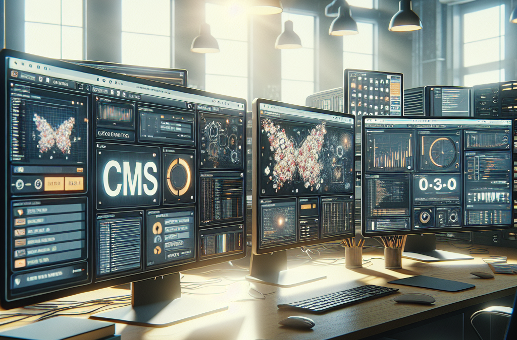 A computer workstation with multiple monitors displaying complex data and graphics, including the acronym "CMS". The room is well-lit with natural sunlight coming through large windows.