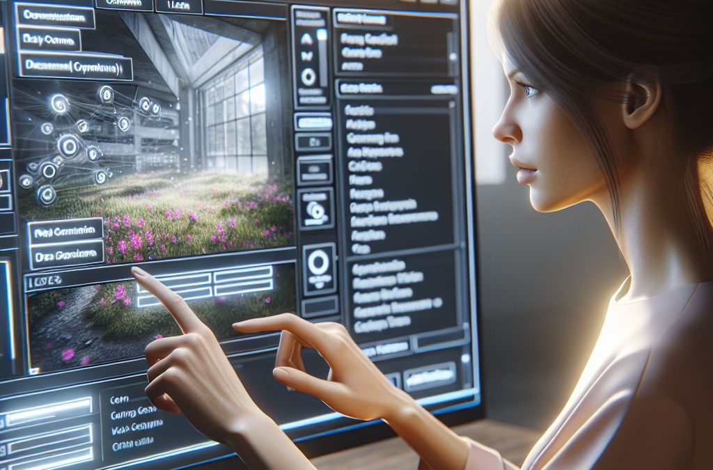 A person interacts with a computer screen, displaying a digital environment and text, possibly a design or management software, in a dimly lit room.