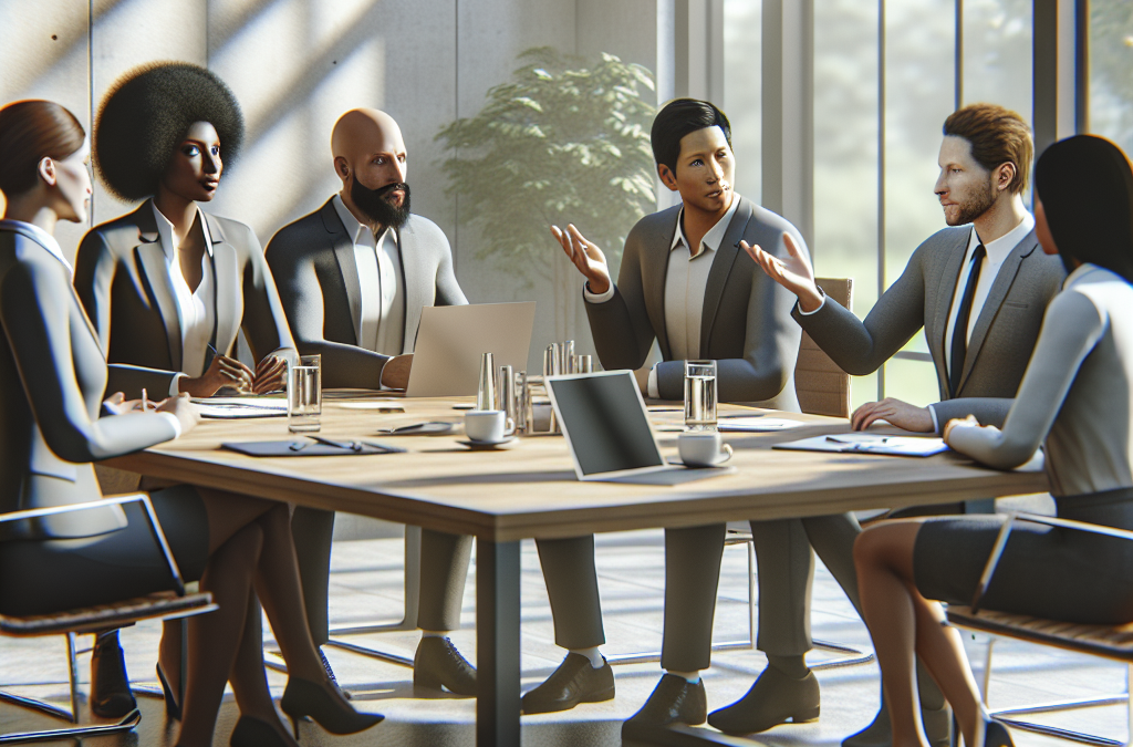 A diverse group of professionals sitting around a conference table discussing work, with laptops and documents in an office setting.
