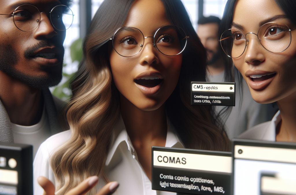 Three people wearing glasses are enthusiastically looking at computer screens in an office setting.