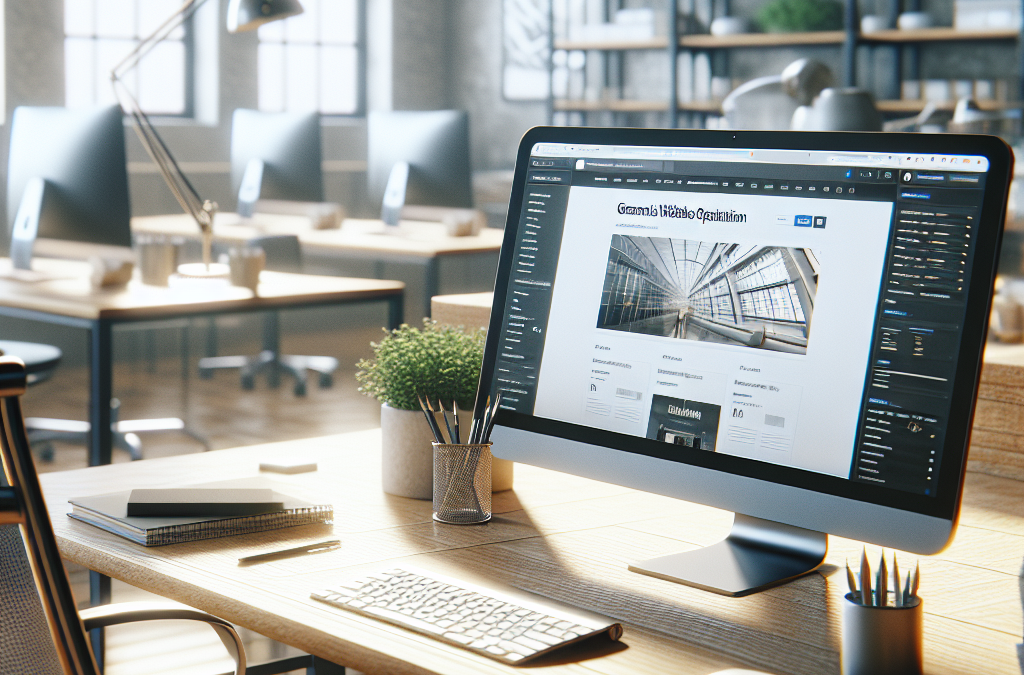 A modern office space with a computer monitor displaying a website interface. The workspace includes a keyboard, mouse, notepad, and potted plant. There are other desks, chairs, and shelves in the background.