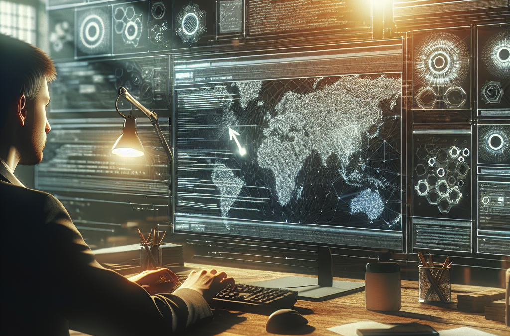 A person sitting at a desk with multiple large computer screens displaying a digital world map and data visualizations.