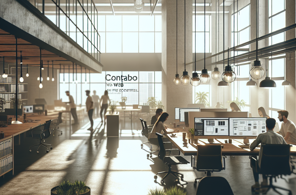 A modern, open-plan office space with people working at desks, large windows allowing natural light, and industrial-style lighting and decor.