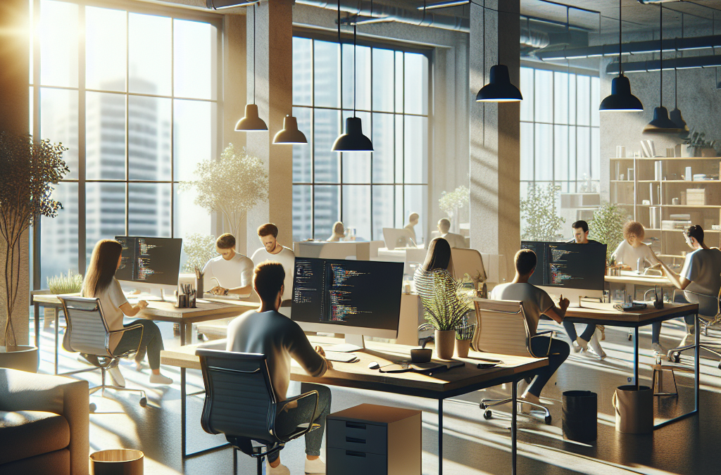 Open-plan office with people working at desks on computers. Large windows let in natural light, and the space is decorated with plants and industrial-style lighting.