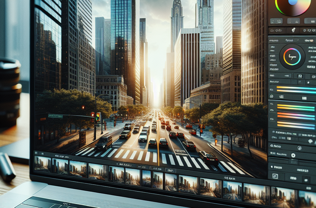 A laptop screen displaying a cityscape image being edited in photo editing software. The image features a busy street lined with skyscrapers and bathed in sunlight.