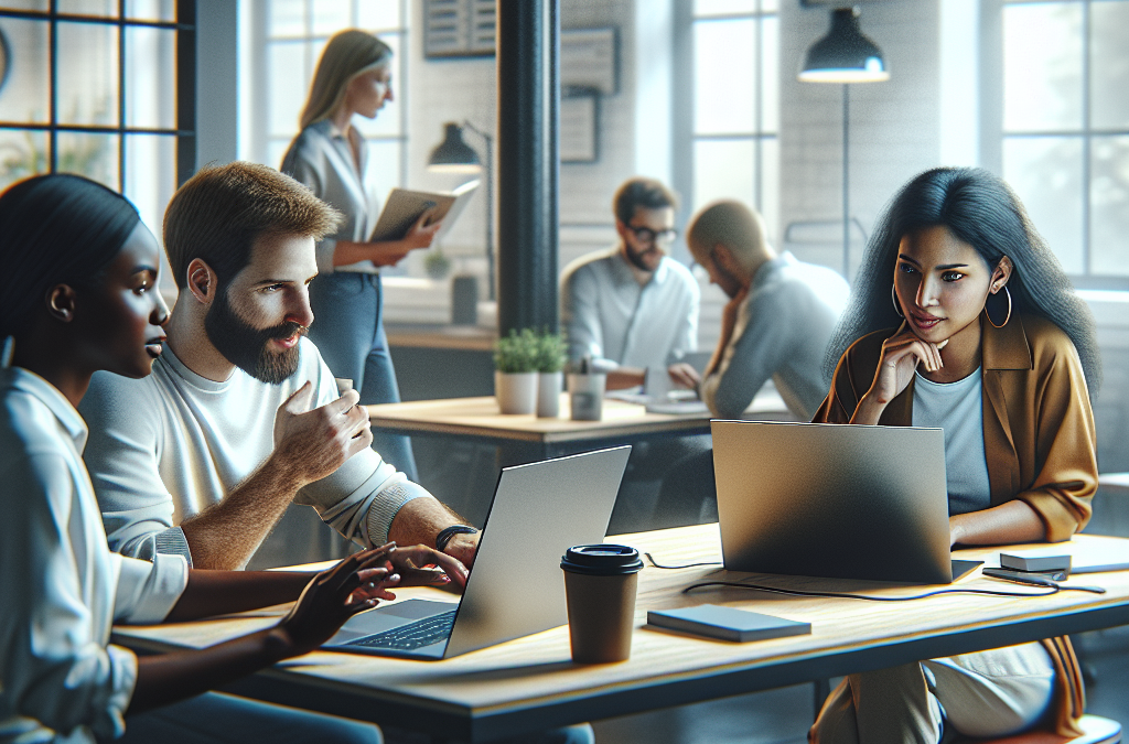 A group of people working at desks with laptops in a modern office setting. One woman is reading a document, while others are engaged in conversation or looking at their screens. The room is well-lit with large windows.