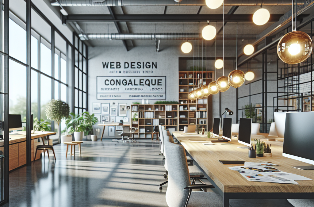 A modern, industrial-style office space with large windows, rows of desks with computers, hanging globe lights, and greenery. The wall displays the text "WEB DESIGN" and "CONGALEQUE."