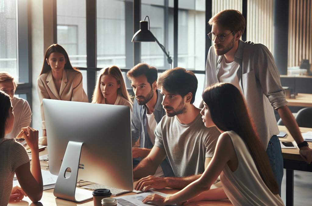 Group of people gathered around a computer in a modern office setting, engaged in a collaborative work discussion.