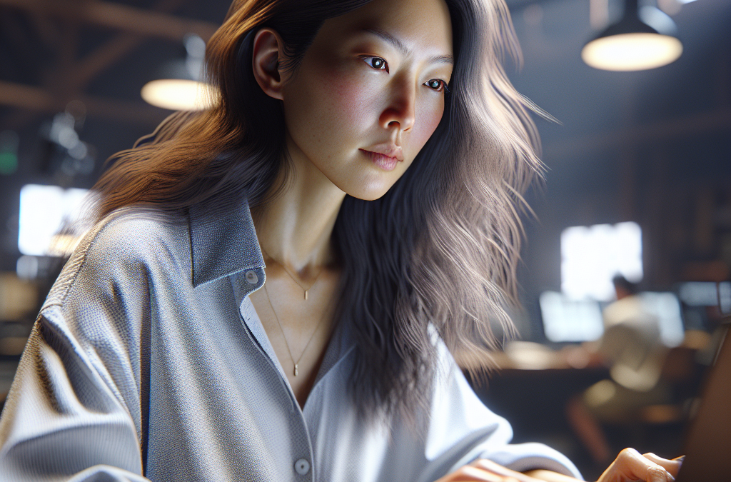 A person with long hair is focused on a laptop in a warmly lit office environment.