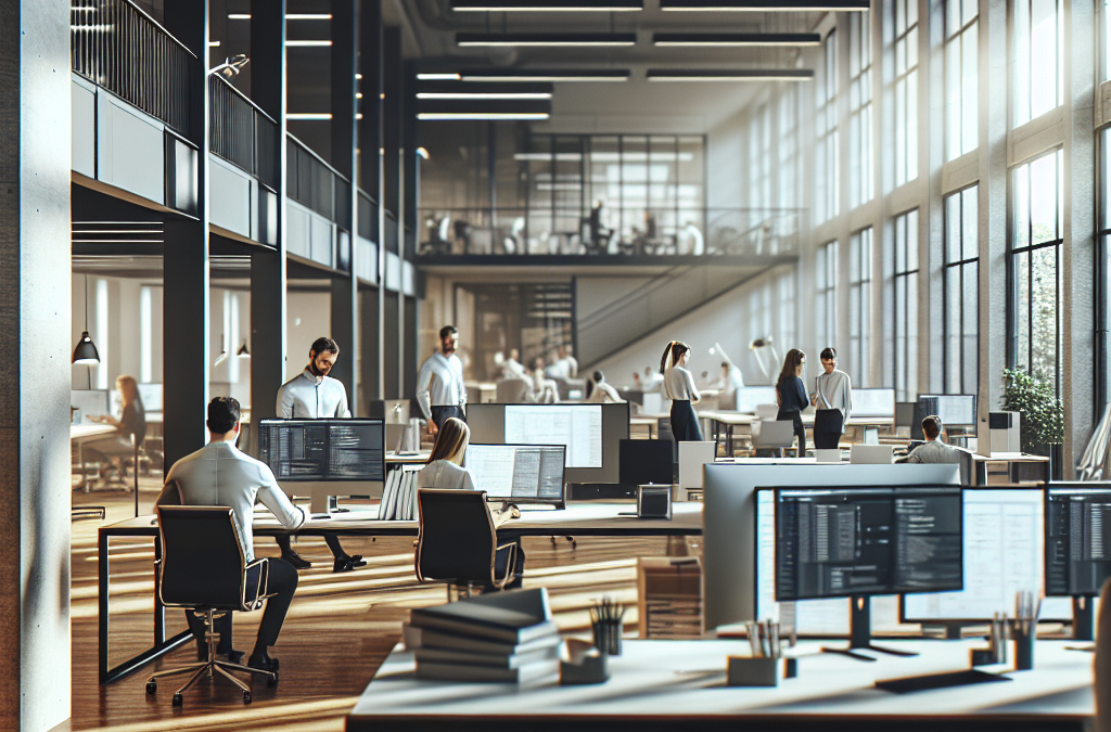 Modern open-plan office space with people working at computers and collaborating in a bright, spacious environment with large windows.