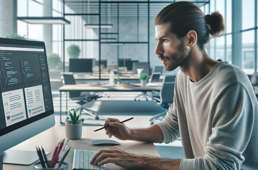 A person working on a computer in a modern office, focusing on code displayed on the screen.