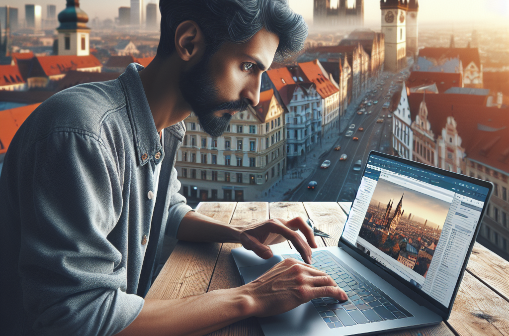 A man typing on a laptop at a wooden table with a cityscape background. The screen displays an image of the same city view.