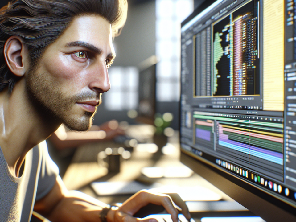 A person intensely focused on a computer screen displaying complex software or data visualizations in a modern office setting.