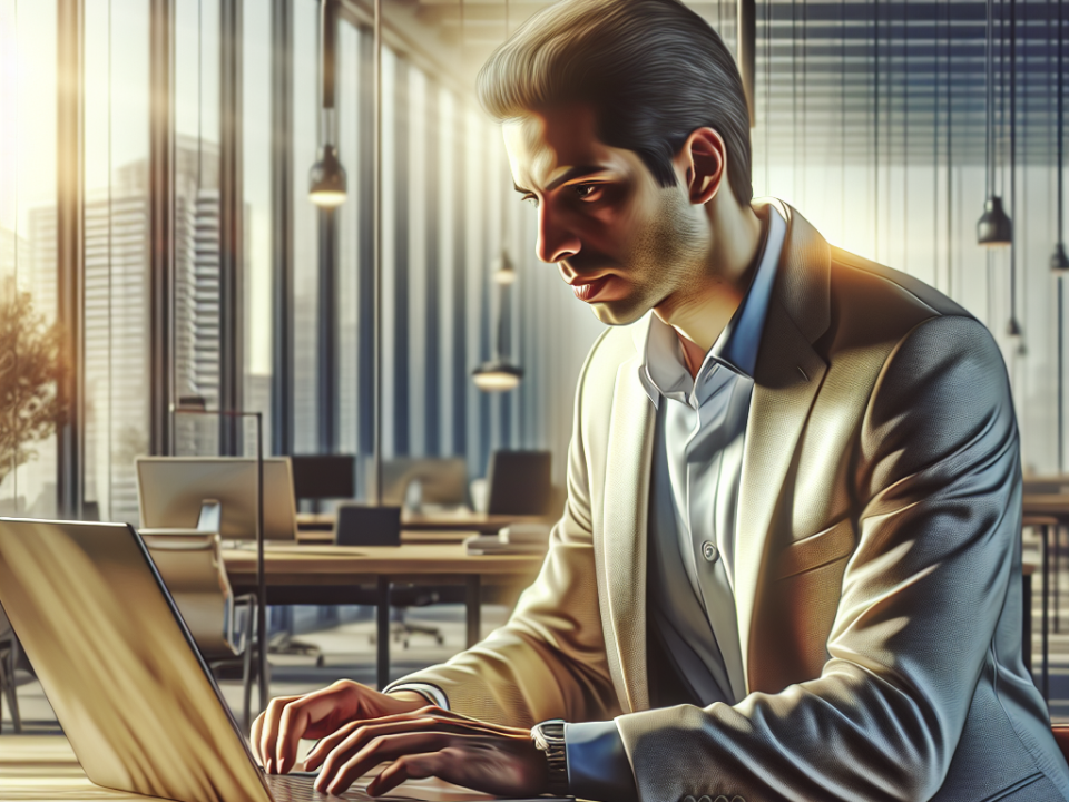 A man in a suit working on a laptop in a modern office with large windows and city views.