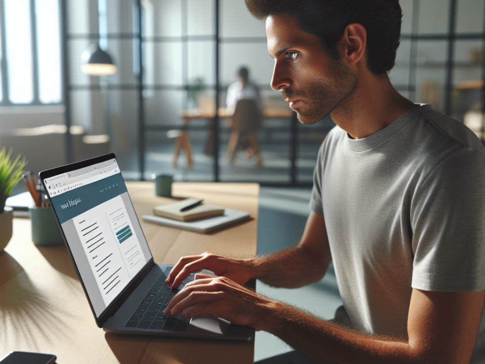 A man sitting at a desk in an office, focused on typing on a laptop. The background has large windows and blurred figures.