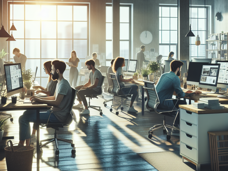 A modern open-plan office with people working at computer desks. Sunlight streams through large windows, illuminating the space.