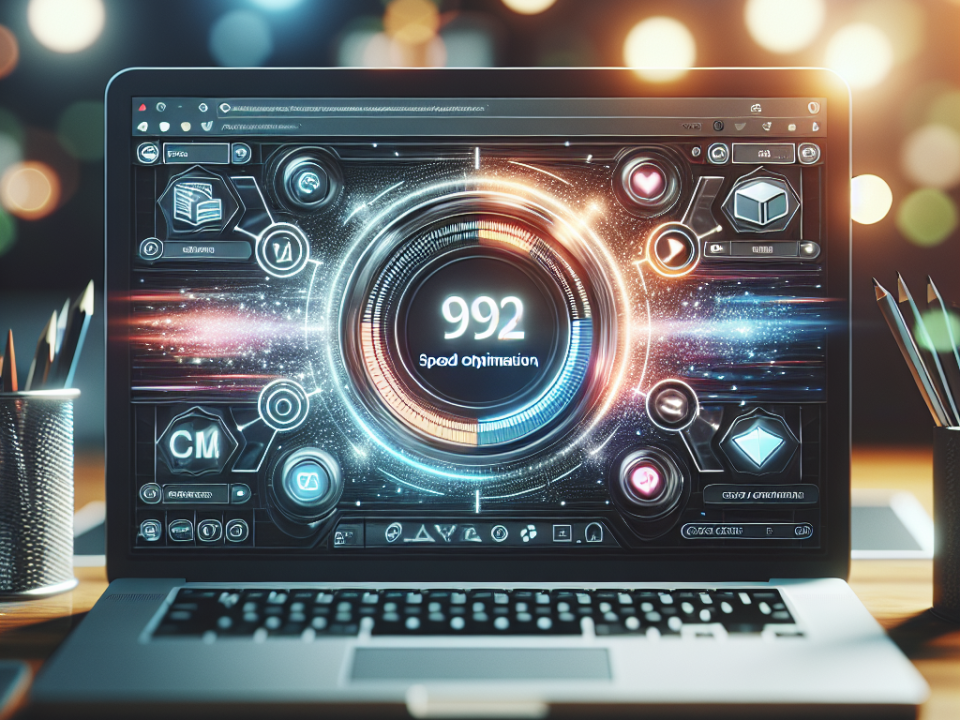 A futuristic laptop screen displaying a digital speed optimization interface with a large central dial showing "992."
