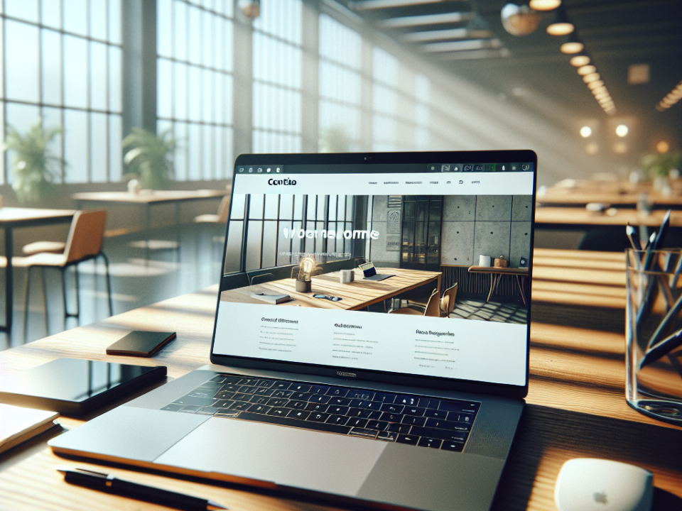 A laptop displaying a website is on a wooden desk, surrounded by a smartphone, tablet, pen, and mouse in a modern, sunlit office space.