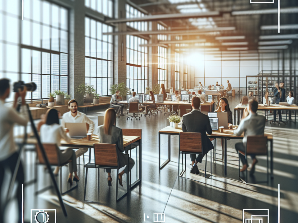 A bright, modern open office space with people working at desks, photographers capturing the scene, and large windows allowing sunlight to illuminate the area.