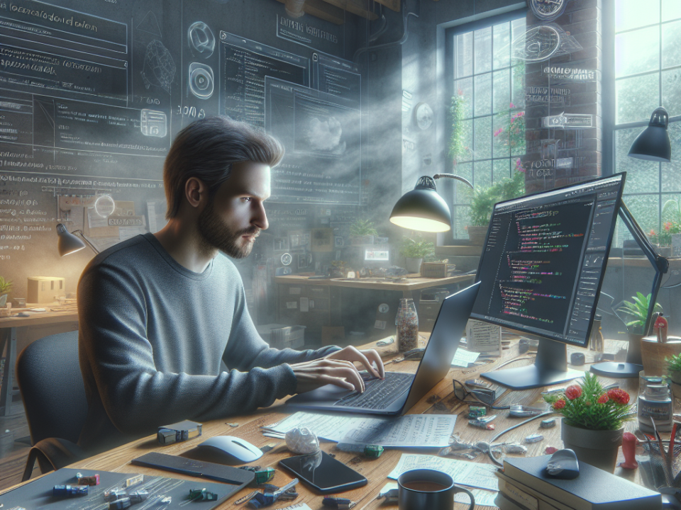 A man is working on a laptop in a cluttered office, surrounded by computer components, notes, and plants. Multiple screens display code, and chalkboard-like walls show diagrams and formulas. The space is illuminated by natural light from large windows.