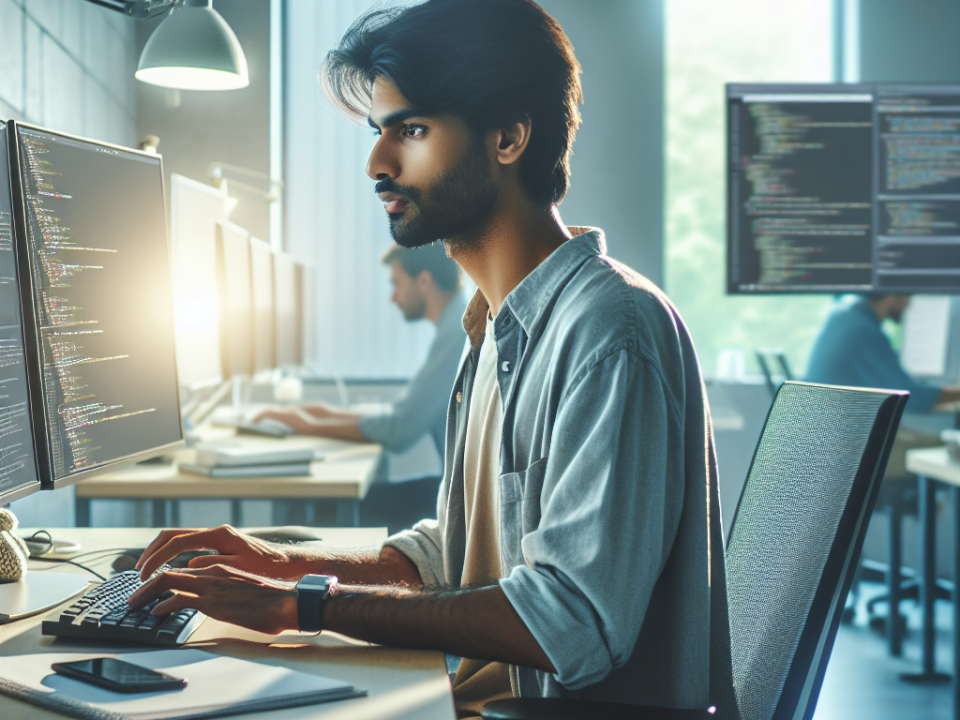 A person is focused on working at a computer with code on the screen in a modern office setting. Several colleagues are also working at their desks in the background.