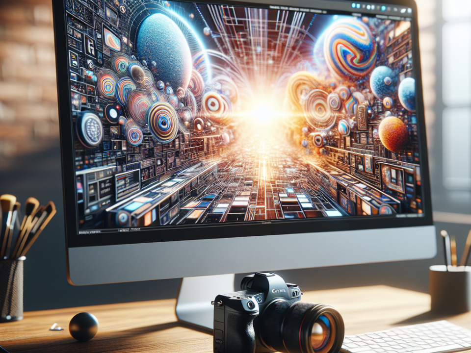 A modern computer screen displaying a vibrant and abstract digital artwork with spheres and circuitry. A digital camera rests on the wooden desk, alongside a keyboard and pens.