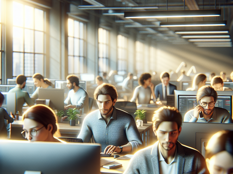 A modern open-plan office with focused workers sitting at desks, using computers. Sunlight streams in through large windows, and there are potted plants on some desks, adding a touch of greenery.