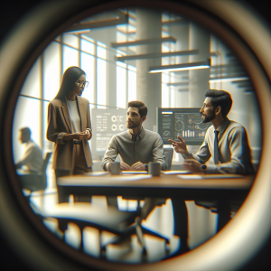 A group of three people in a modern office setting having a meeting. Two men are seated at a table, while a woman stands next to them. In the background, digital screens display charts and data.