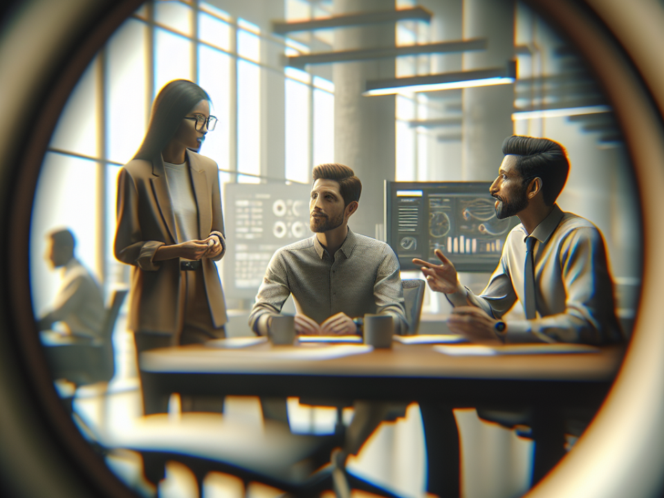 A group of three people in a modern office setting having a meeting. Two men are seated at a table, while a woman stands next to them. In the background, digital screens display charts and data.