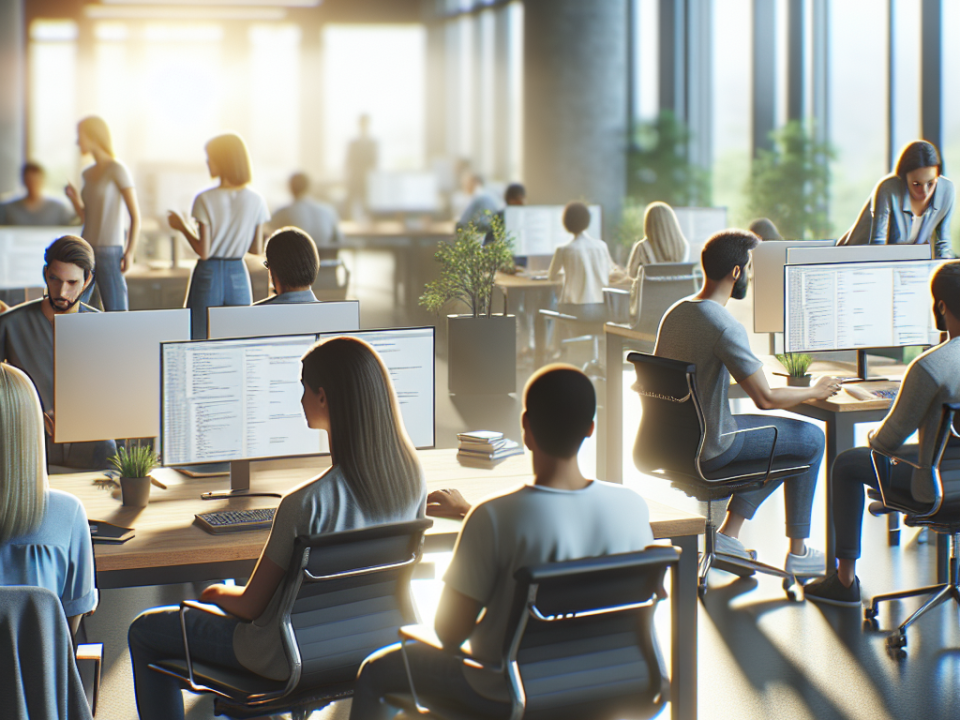 A modern, sunlit office with people working on computers at shared desks.