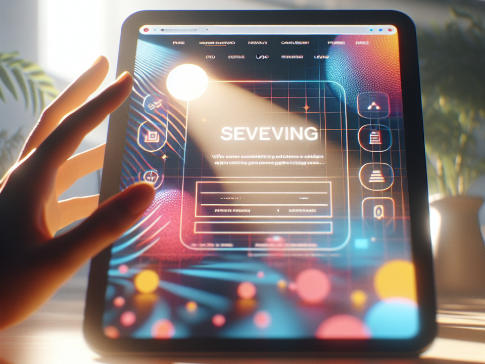 A hand holds a digital tablet displaying a colorful, abstract interface with the word "SEVEVING" on the screen.