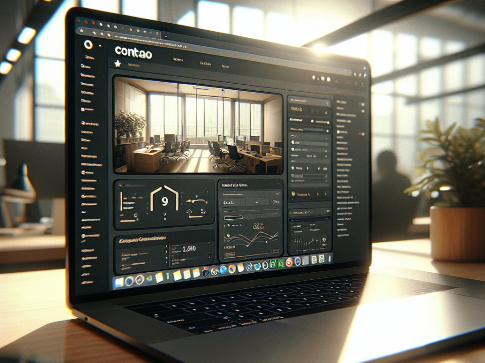 A laptop on a desk in an office displays a website dashboard with various panels and charts.