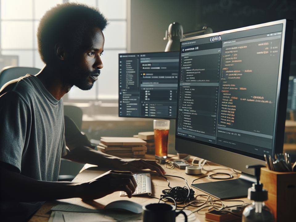 A man is focused on computer screens displaying code, working at a desk in a dimly lit room.