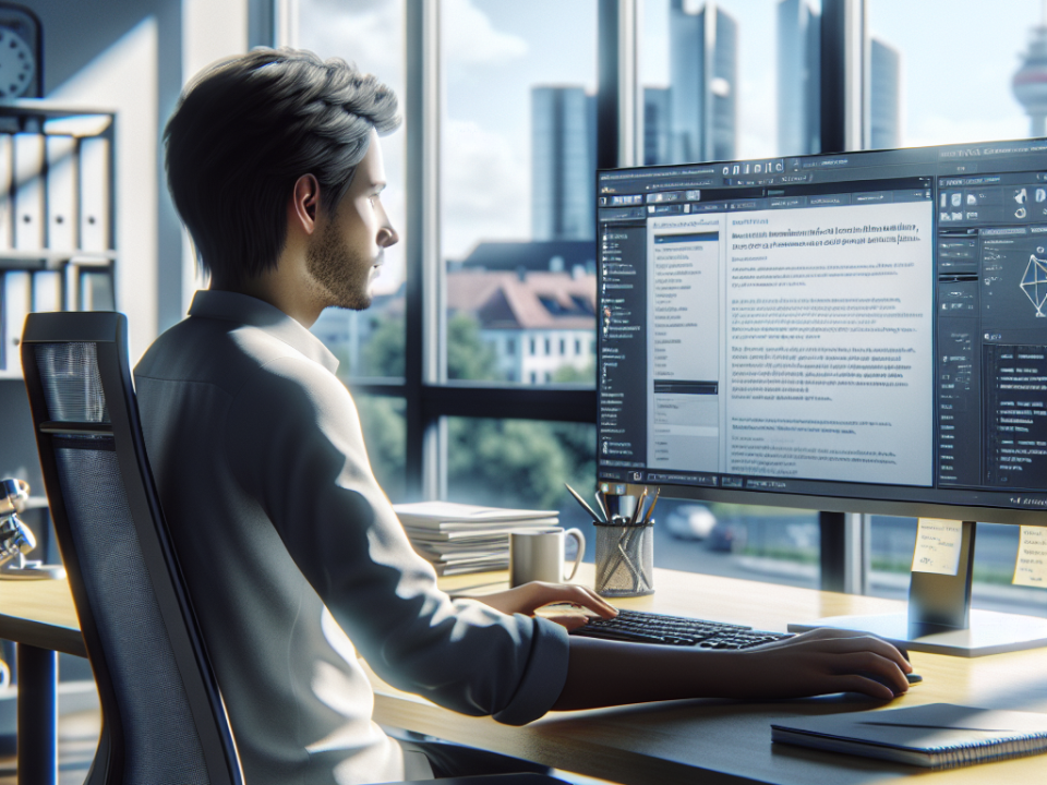 A person sitting at a desk using a computer with a large monitor, in a modern, well-lit office. The windows reveal an urban cityscape outside.