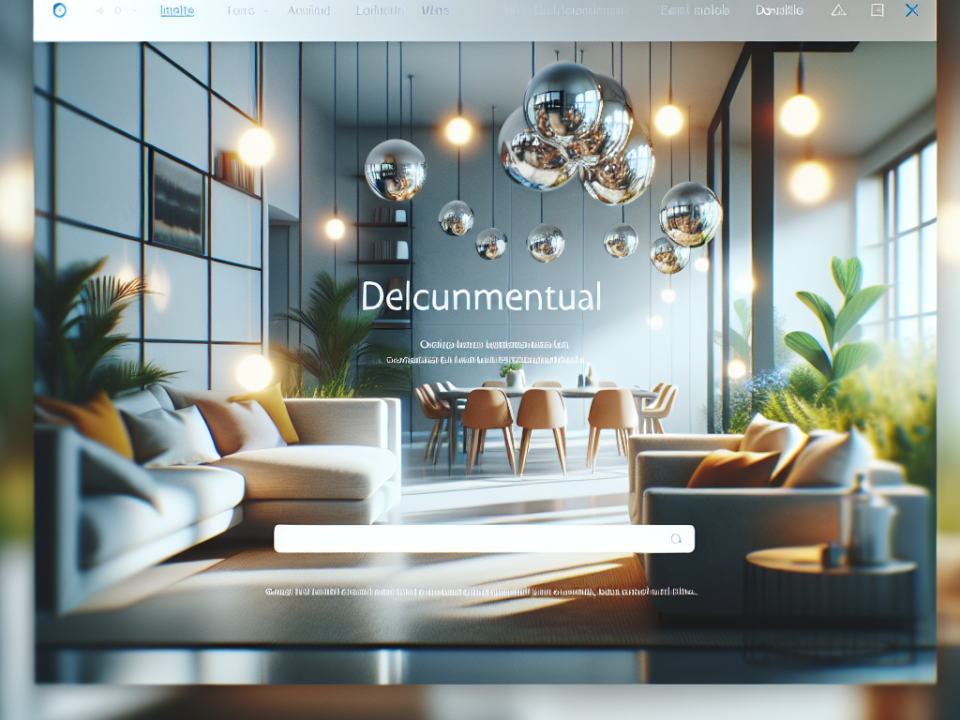 A modern, stylishly decorated living room and dining area is displayed on a computer screen interface. The space features large windows, spherical pendant lights, lush plants, and a neutral color palette. An upholstered sectional sofa and dining table with chairs are visible. The text "Delcunmentual" appears prominently.