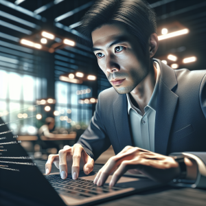 A focused person in a suit is typing on a laptop, indoors, with a coding interface visible on the screen and a blurred background of a modern interior.