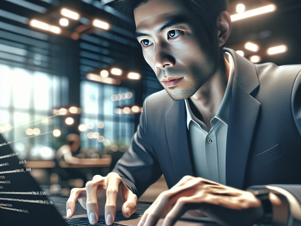 A focused person in a suit is typing on a laptop, indoors, with a coding interface visible on the screen and a blurred background of a modern interior.