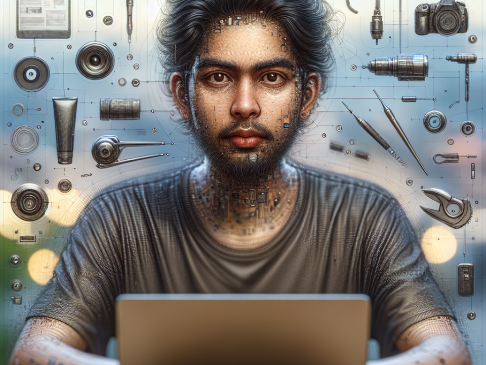 A man with a digital, mechanical texture is sitting in front of a laptop. Various tech and mechanical components are floating in the background, suggesting a fusion of human and technology.