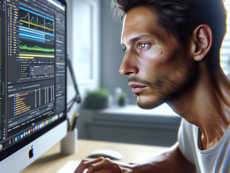 A man intensely focused on a computer screen displaying data charts, sitting at a desk in a modern office.
