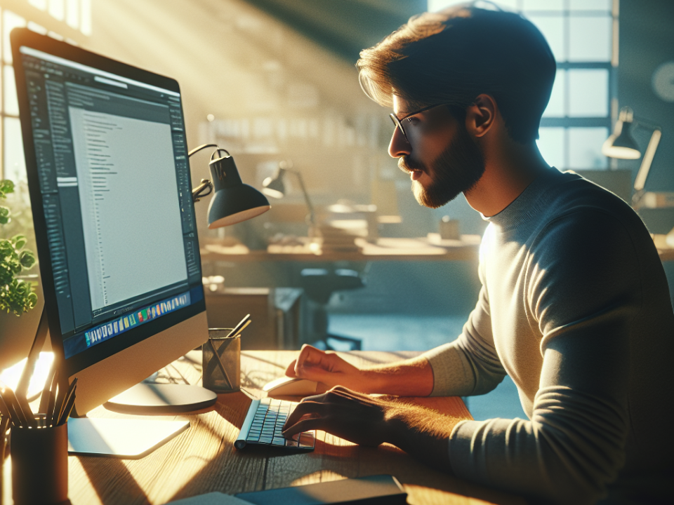 A person working on a computer in a sunlit office setting, with a focus on the monitor displaying text. There are desk items like a lamp, pencils, and notebooks.