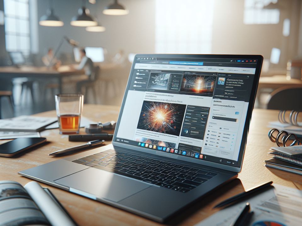 A laptop displaying a website with images of fireworks is on a wooden desk. The desk is cluttered with a glass of tea, a smartphone, pens, papers, and an open magazine. The background shows people working in a modern, well-lit office.