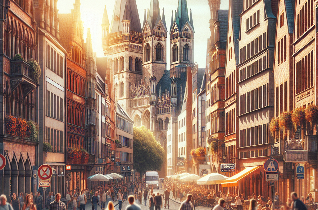 A bustling city street with people walking and cycling, surrounded by historic European architecture and a prominent cathedral in the background. The scene is bathed in warm, golden sunlight.