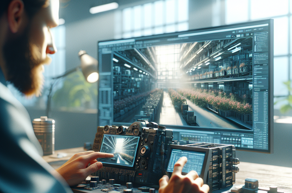 A person is working with advanced technology equipment, focusing on a digital screen displaying a modern greenhouse interior with rows of plants.