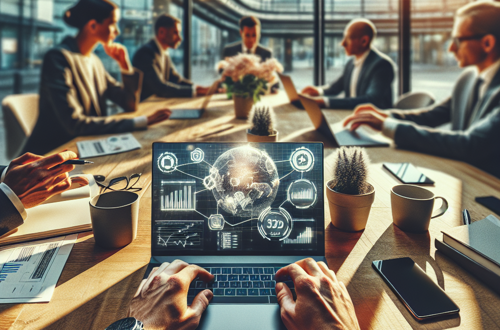 A group of professionals in a modern conference room, engaged in a meeting. A laptop shows holographic data and graphs. Bright sunlight filters through large windows.