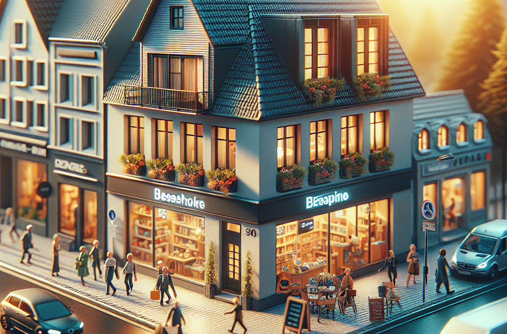 A cozy street scene at sunset with a charming, illuminated two-story building housing a bookstore and a café on the ground floor. People are walking on the sidewalk and cars are on the street, capturing a vibrant, bustling atmosphere.