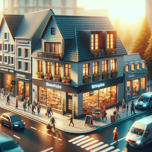 A cozy street scene at sunset with a charming, illuminated two-story building housing a bookstore and a café on the ground floor. People are walking on the sidewalk and cars are on the street, capturing a vibrant, bustling atmosphere.