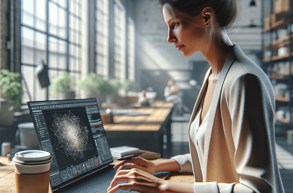 A woman working on a laptop in a sunlit office, with a coffee cup and smartphone nearby.